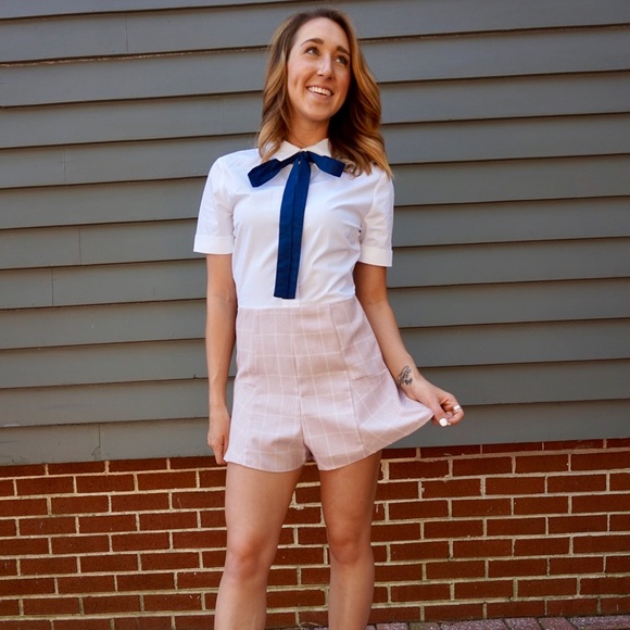 Collared Romper with Neck Tie - Picture 2 of 4